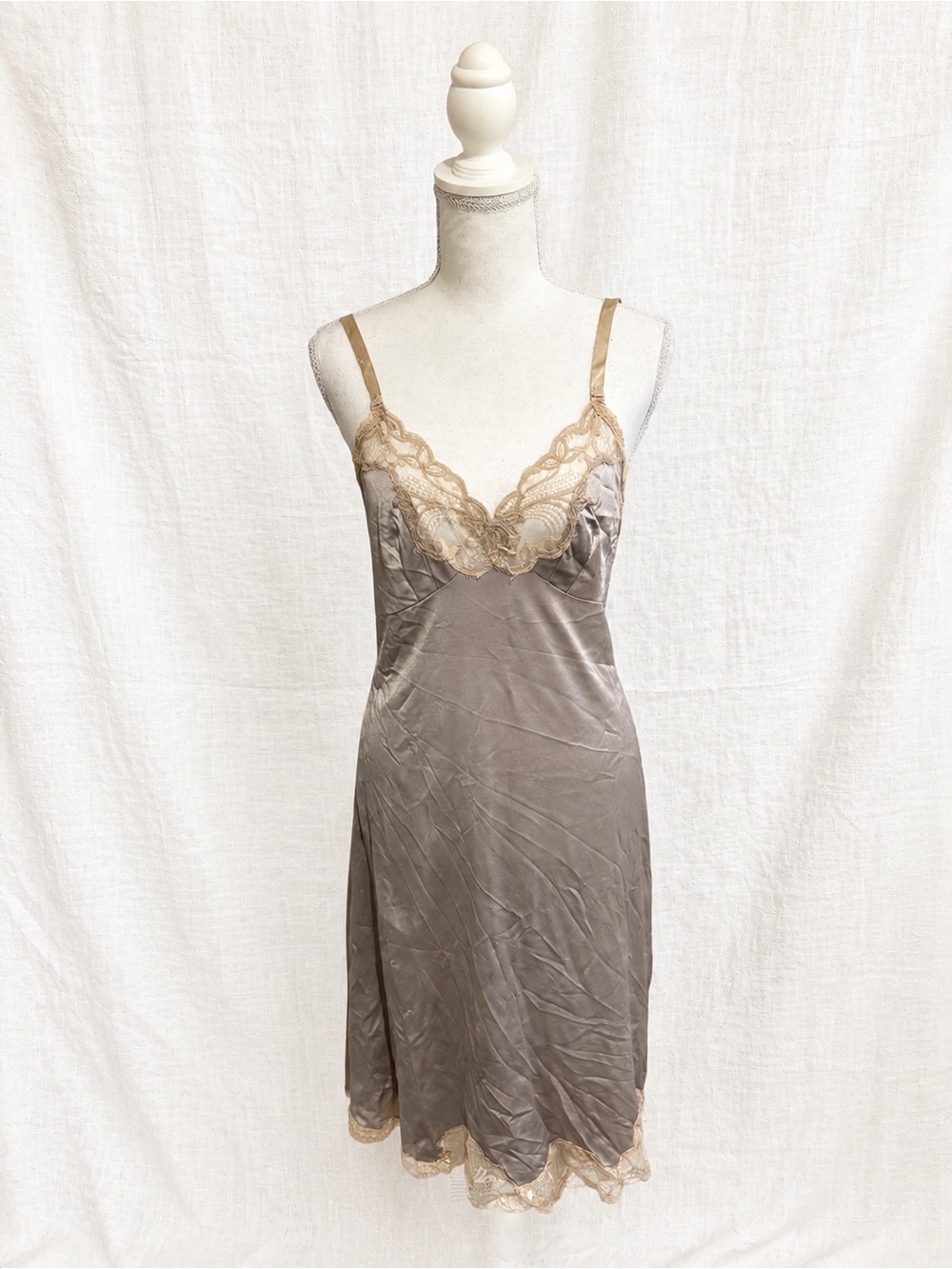 Satin Lace-Trim Chemise in Taupe with Beige Accents